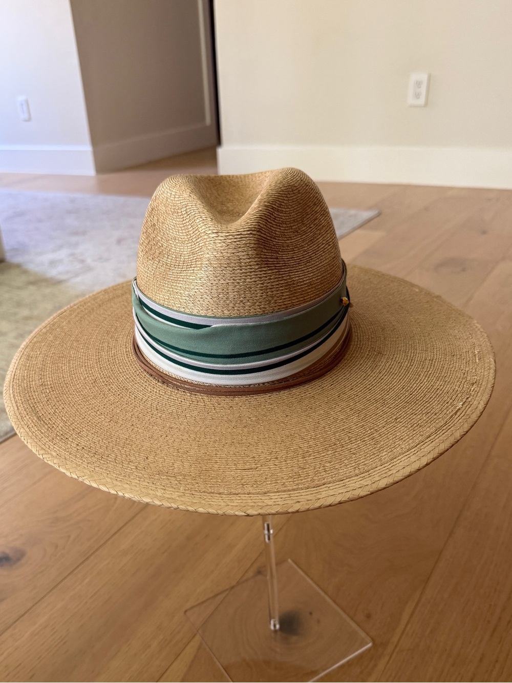 GIGI PIP Tan Straw Fedora with Green Stripe Band